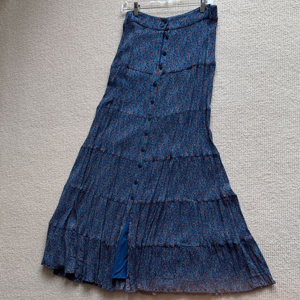 Sézane Blue Patterned Maxi Skirt with Button Front